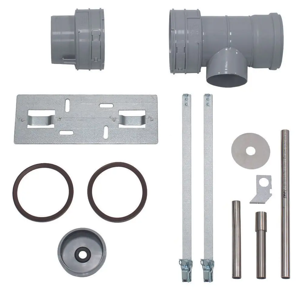 Vaillant Set mit verschiedenen grauen Kunststoff- und Metallkomponenten, darunter ein T-Stück, Ringe, Stangen und eine Metallplatte, zur Verbindung im Kondenswasseranschluss.